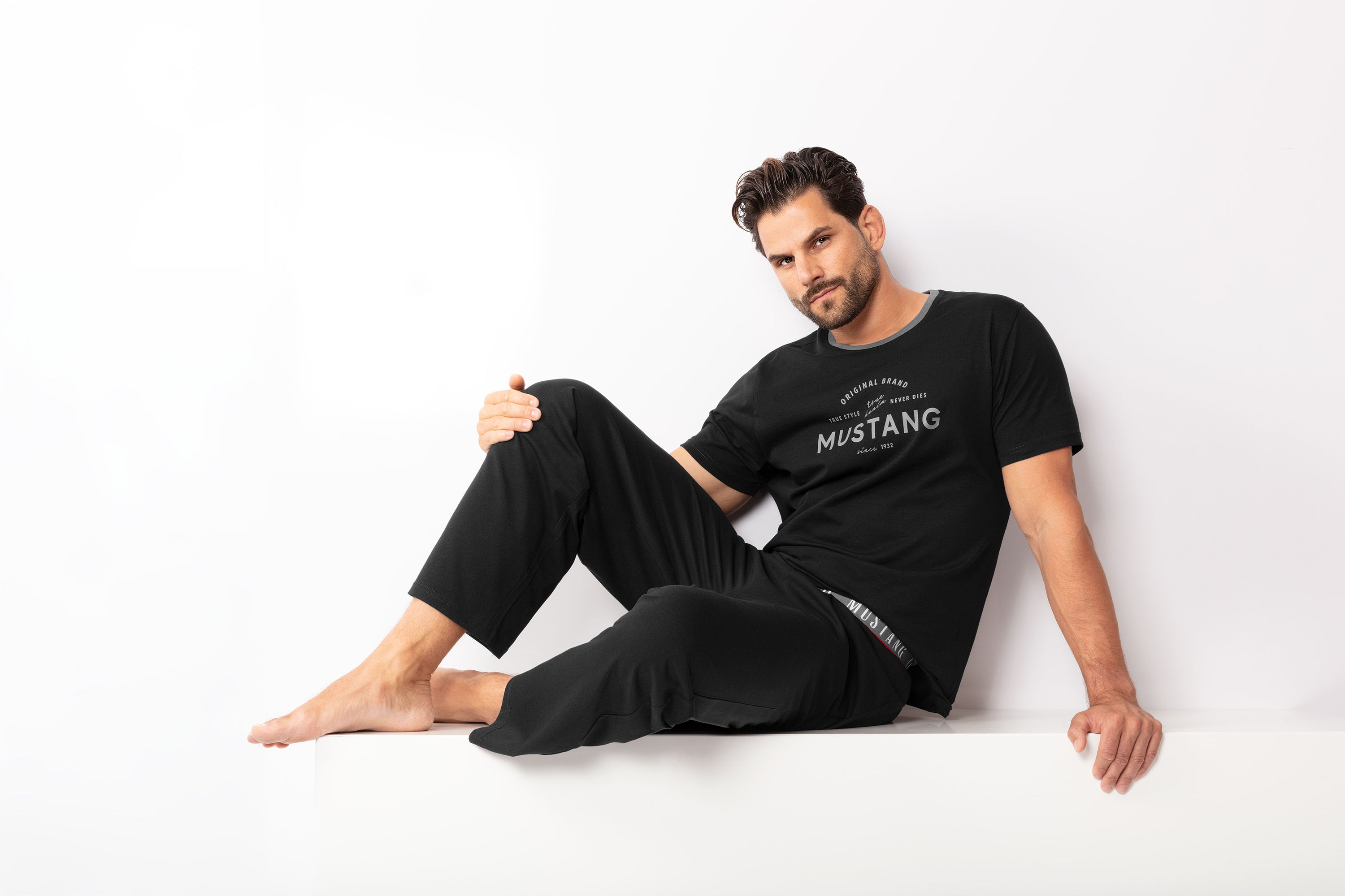 MUSTANG Herren Pyjama Set black - T-Shirt / lange Hose - Schlafanzug - Nachtwäsche - OEKO TEX STANDARD 100