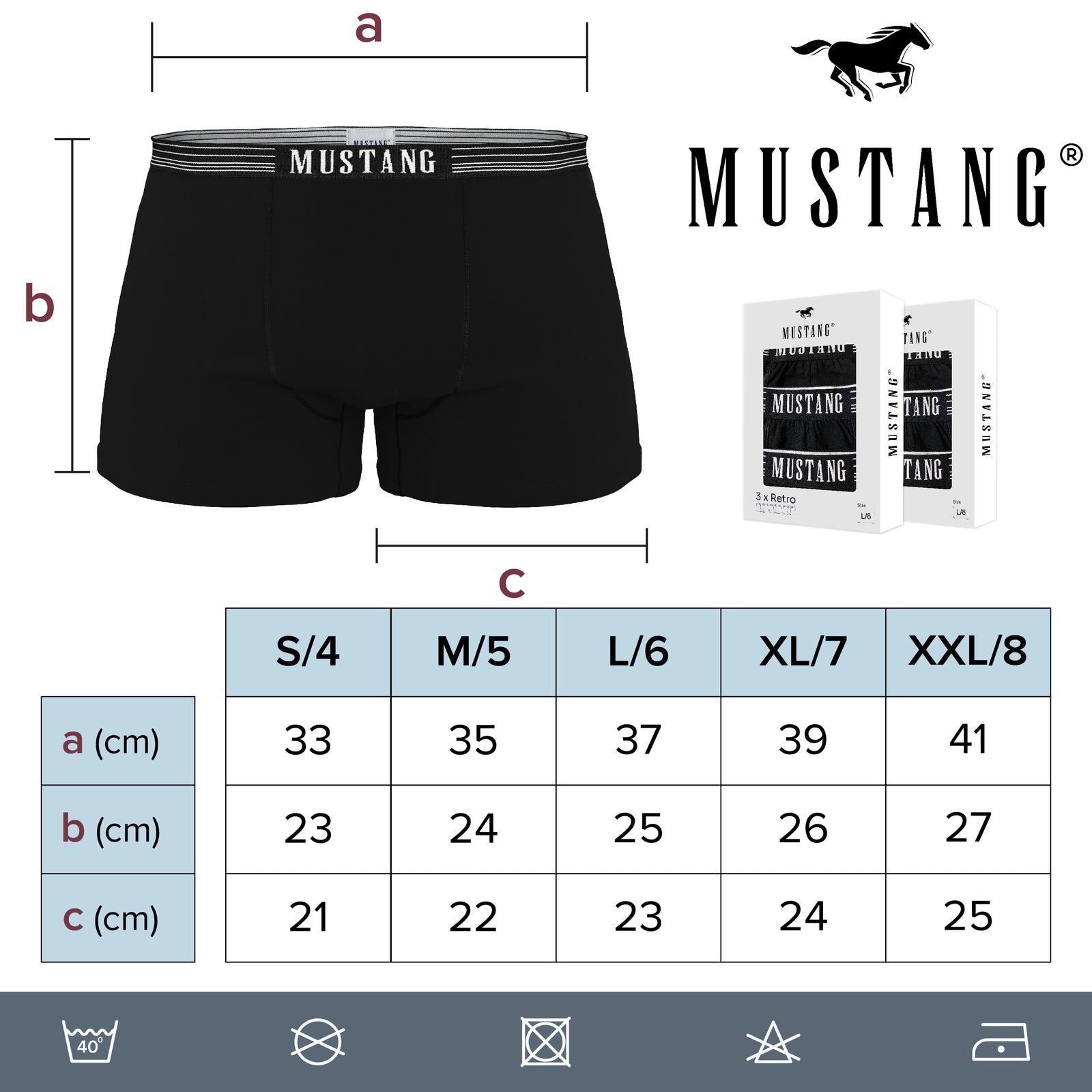 Herren Boxershorts schwarz von Mustang Retropants 3er-Pack Bund mit weißen Streifen