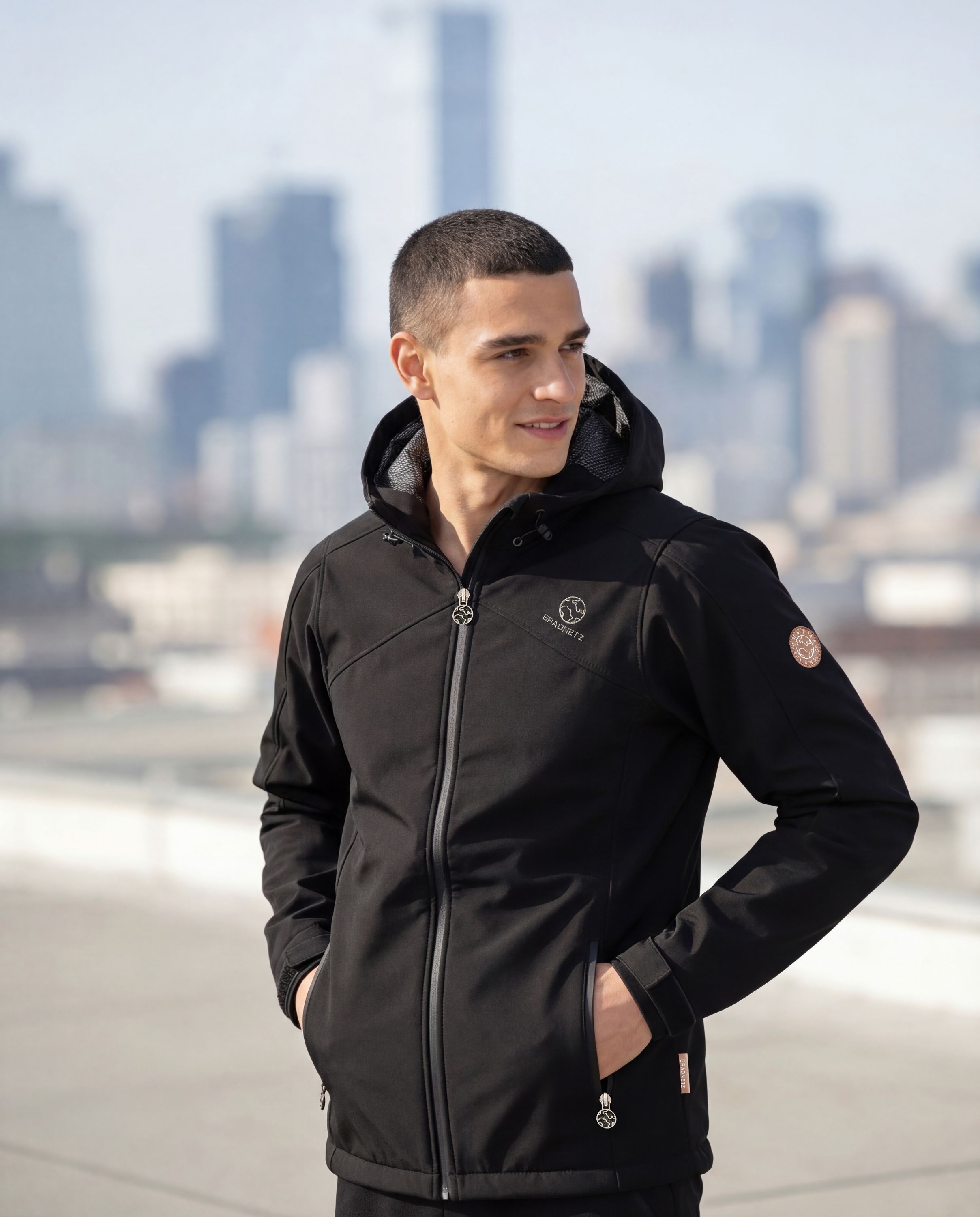 GRADNETZ atmungsaktive Outdoor Softshelljacke mit Kapuze schwarz
