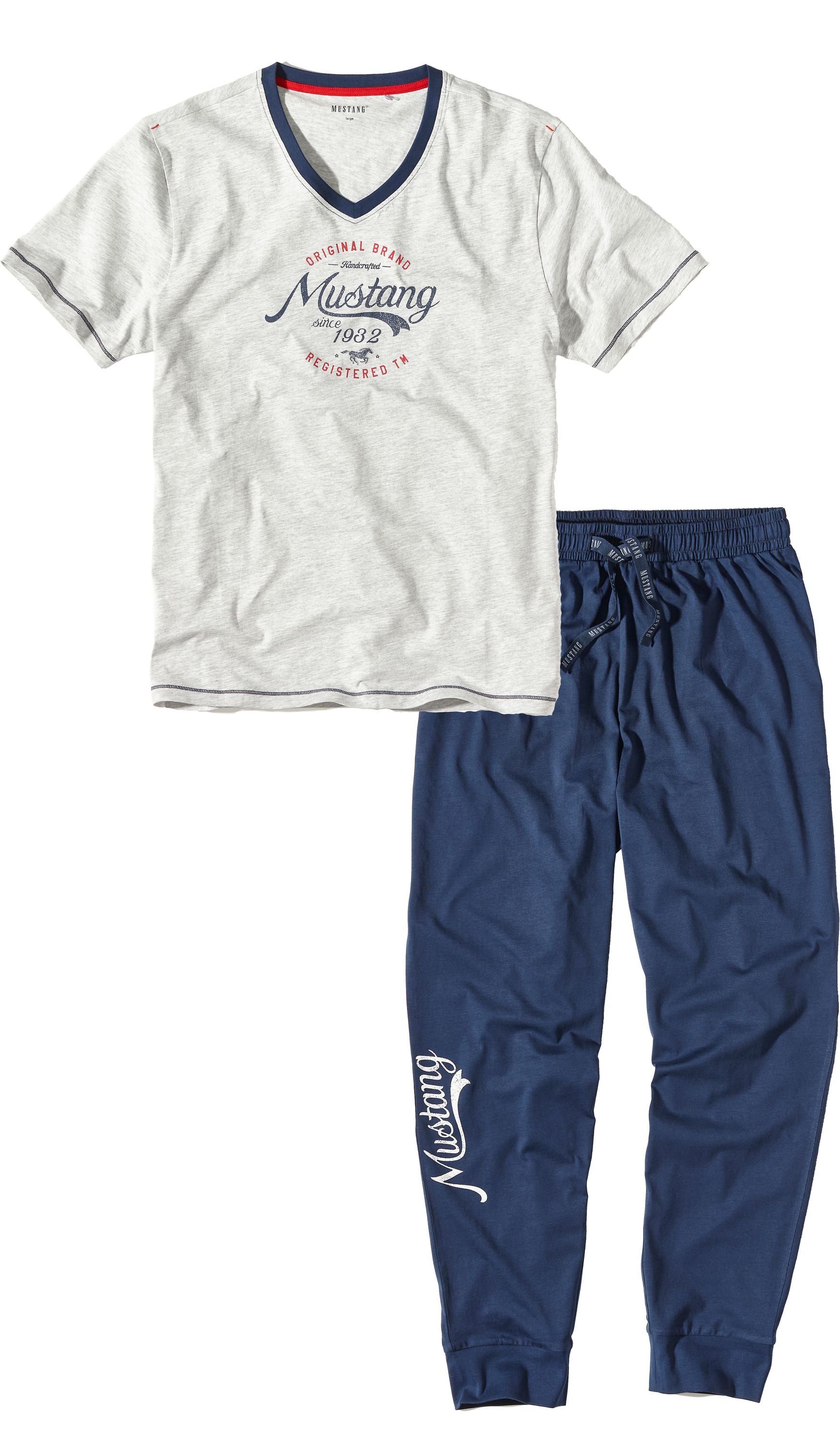 MUSTANG Herren Pyjama Set grey melange / navy - T-Shirt / lange Hose - Schlafanzug - Nachtwäsche - OEKO TEX STANDARD 100
