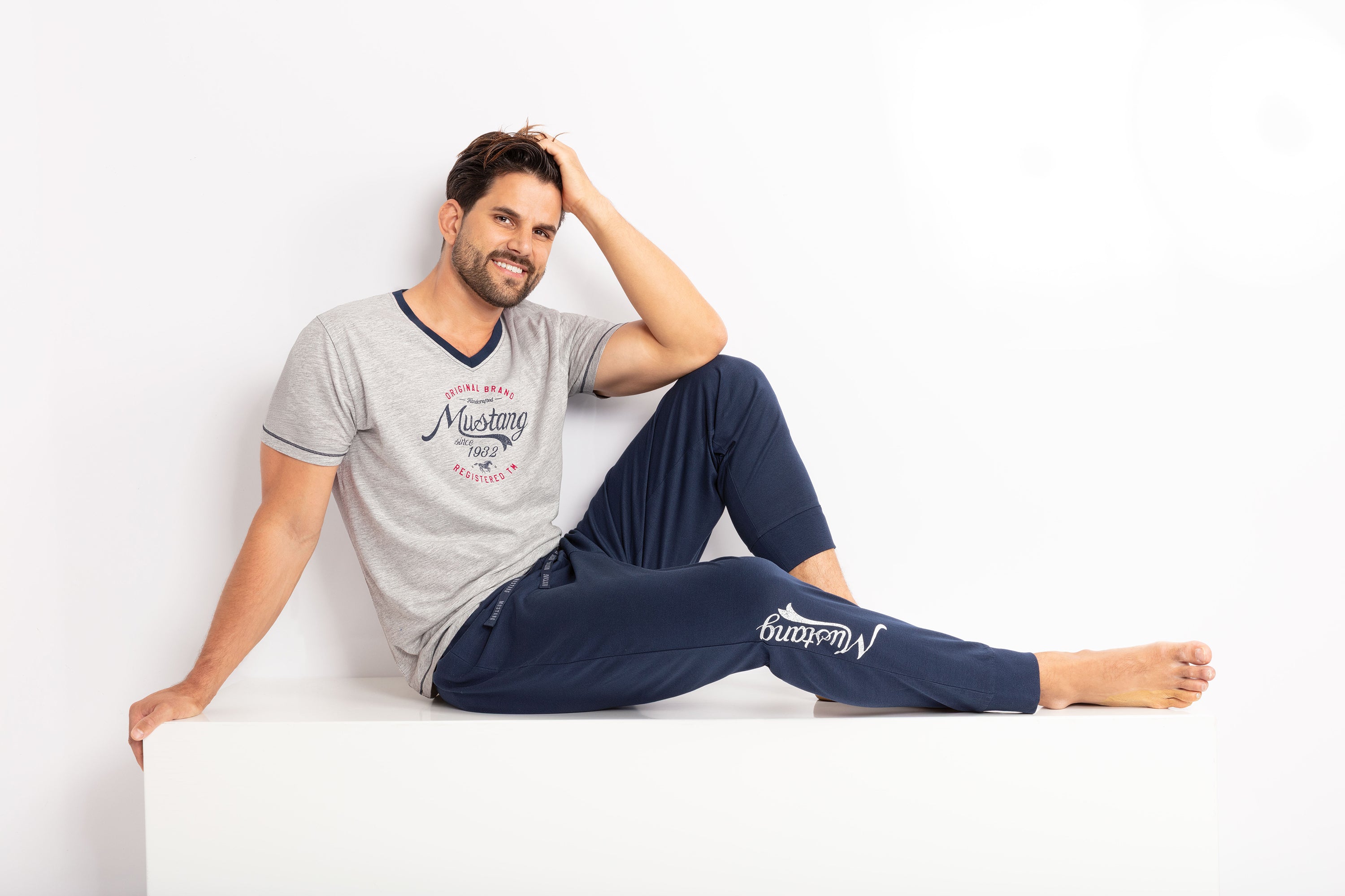 MUSTANG Herren Pyjama Set grey melange / navy - T-Shirt / lange Hose - Schlafanzug - Nachtwäsche - OEKO TEX STANDARD 100