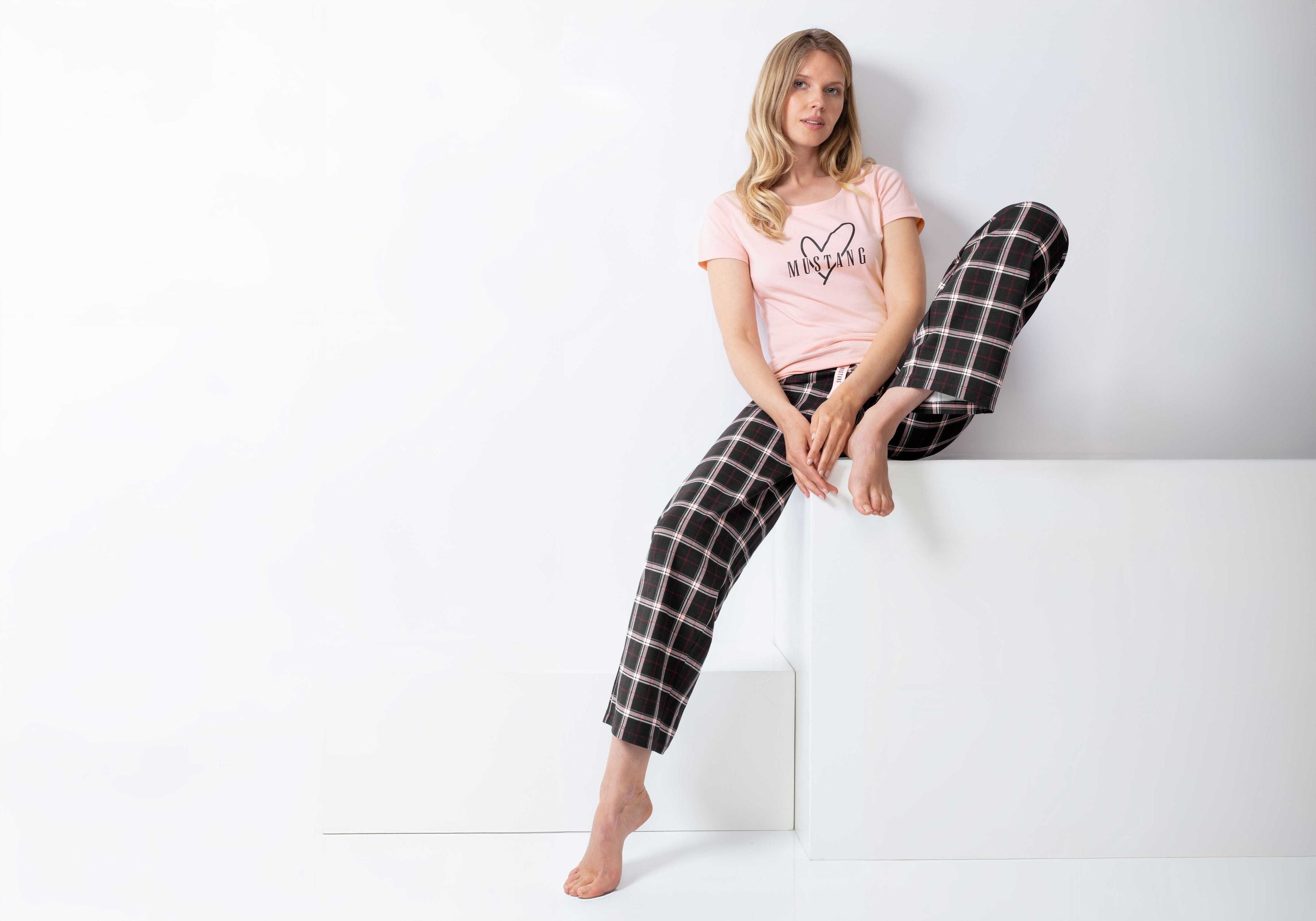 MUSTANG Ladies Pyjama Set rose/black - T-Shirt / lange Hose - Schlafanzug - Nachtwäsche - OEKO TEX STANDARD 100 - für Damen
