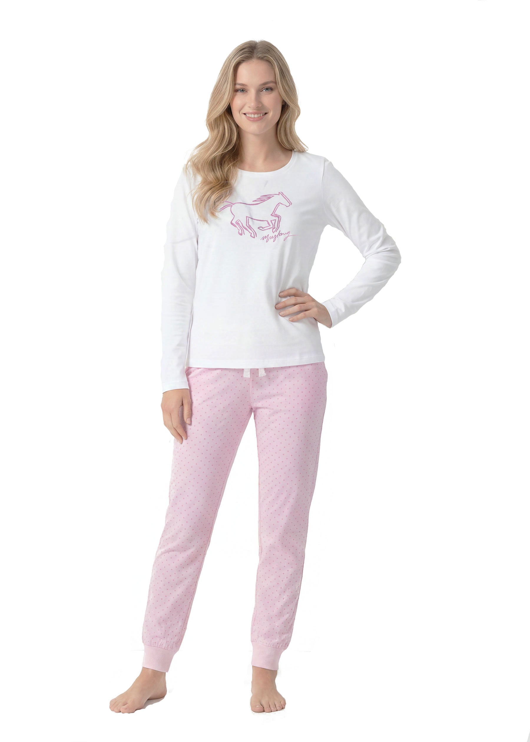 Ladies Pyjama Schlafanzug Set JIL von MUSTANG - weiß/rosa - langarm / lange Hose - OEKO TEX STANDARD 100