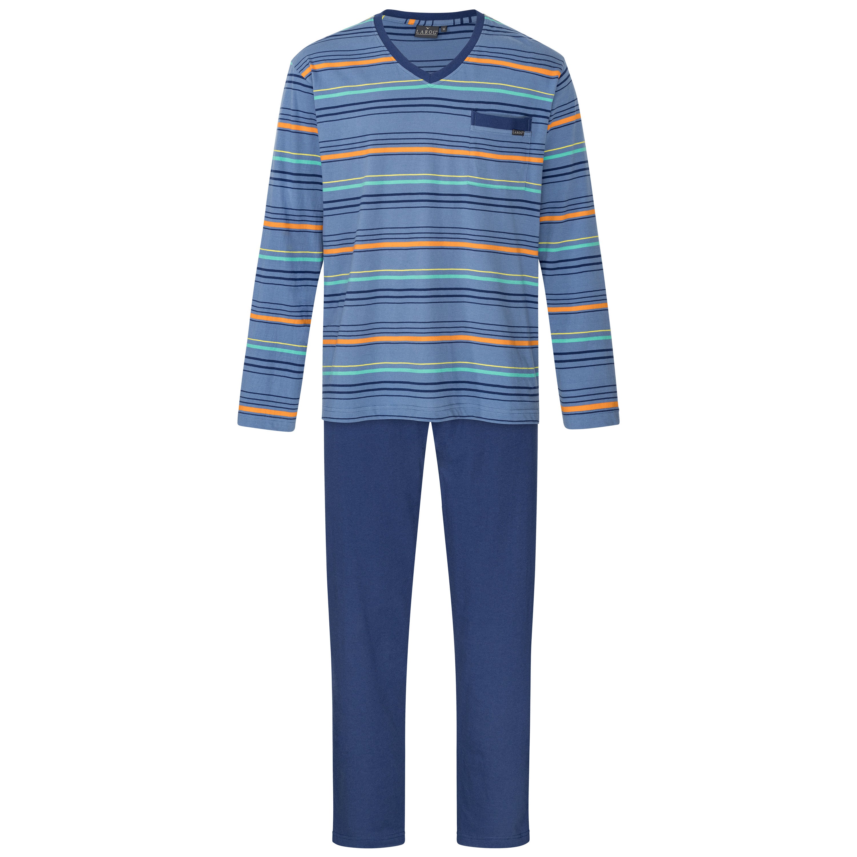 Schlafanzug - Pyjama V-Ausschnitt, Brusttasche und ohne Bündchen - OEKO-TEX STANDARD 100 / BCI-Cotton Nachtwäsche für Herren von LAROG